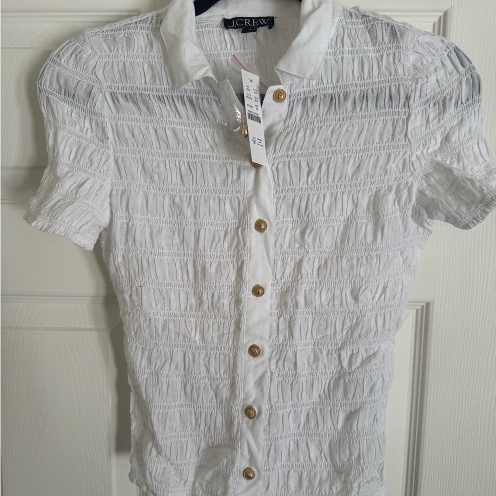 J. Crew White Textured Blouse with Gold Accents